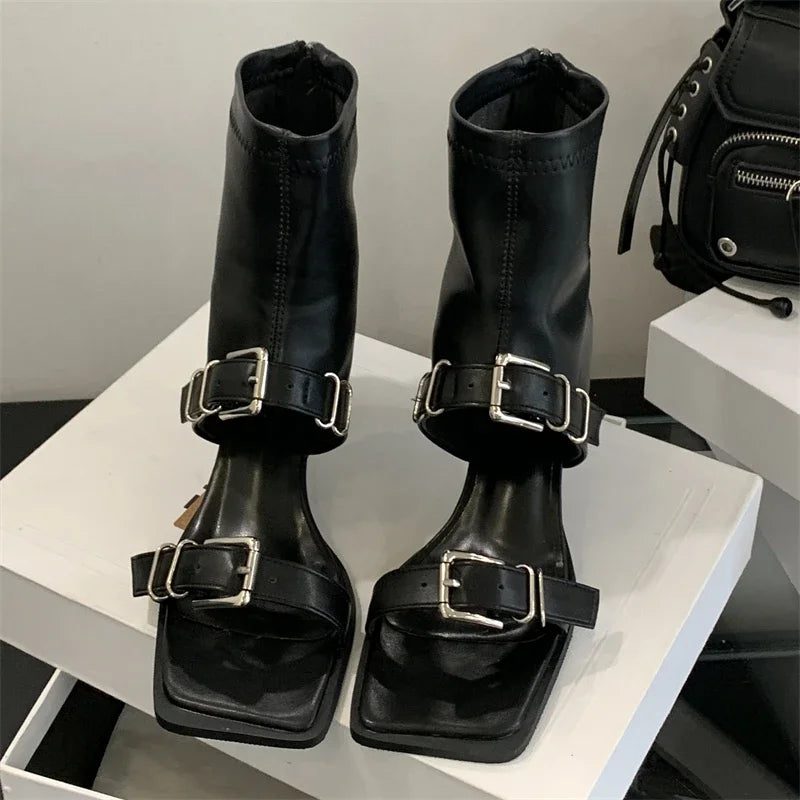 Eilyken Square Toe Zipper Women Ankle Boot Sandals Design Style Narrow Band Buckle Strap Thin Heels Shoes
