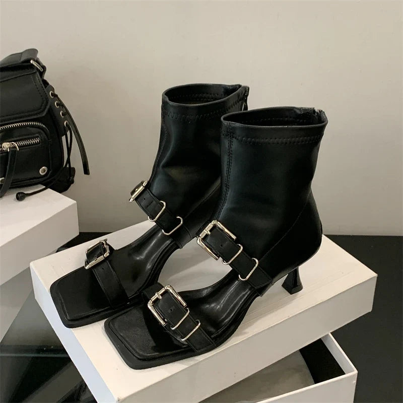 Eilyken Square Toe Zipper Women Ankle Boot Sandals Design Style Narrow Band Buckle Strap Thin Heels Shoes
