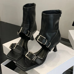 Eilyken Square Toe Zipper Women Ankle Boot Sandals Design Style Narrow Band Buckle Strap Thin Heels Shoes