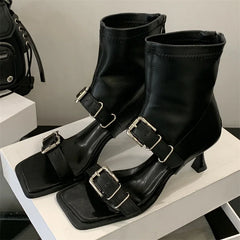 Eilyken Square Toe Zipper Women Ankle Boot Sandals Design Style Narrow Band Buckle Strap Thin Heels Shoes
