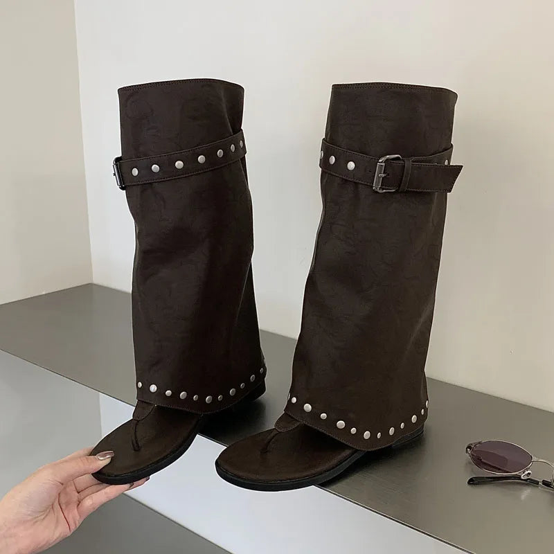 Eilyken Vintage Low Heels Round Clip Toe Women Knee-High Boots