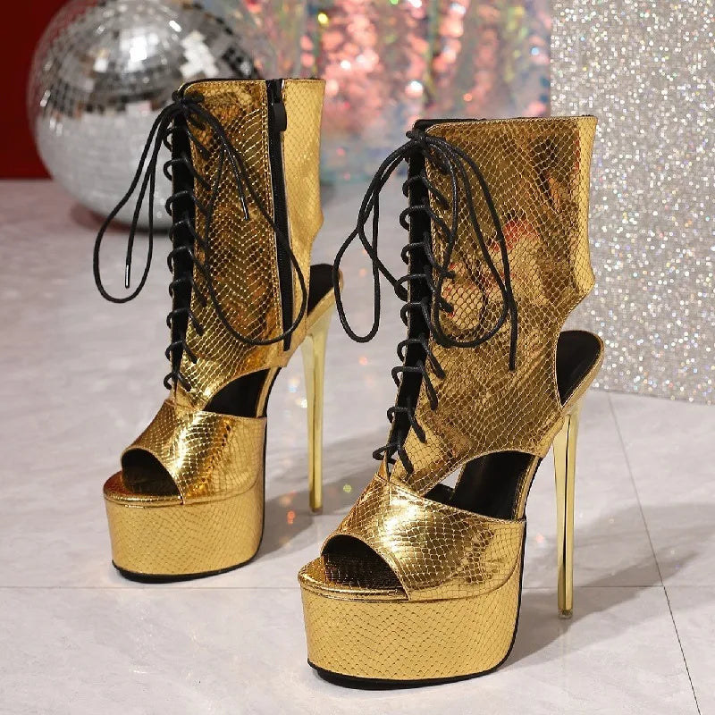 Eilyken Sexy Golden Carnival Party Stiletto High Heels Sandals Boots