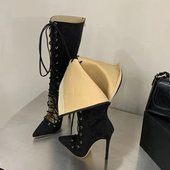 Eilyken Punk Design Lace-up Pointed Toe Woman Knee High Boots