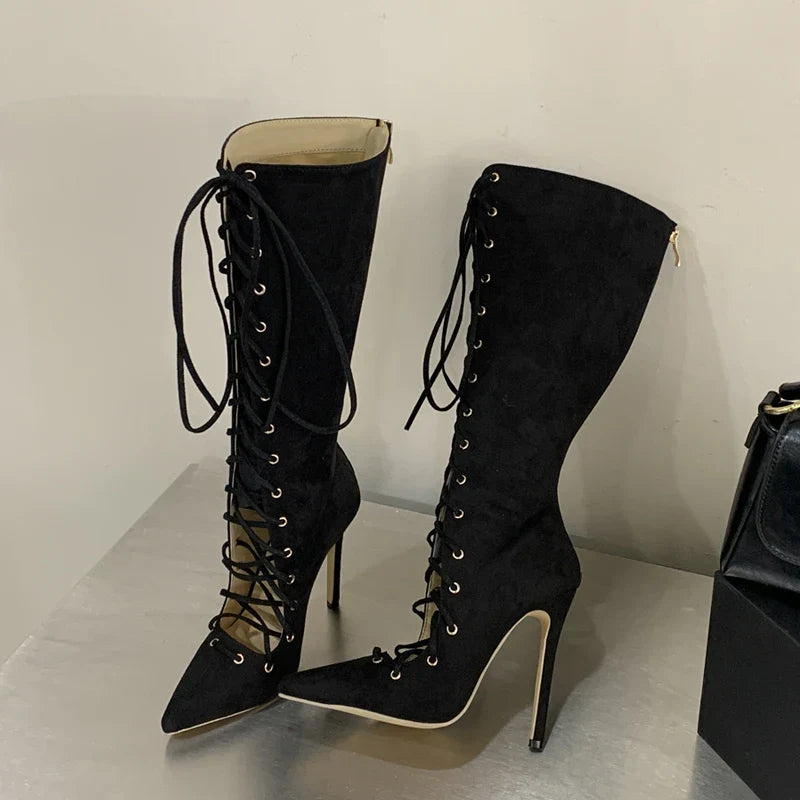 Eilyken Punk Design Lace-up Pointed Toe Woman Knee High Boots