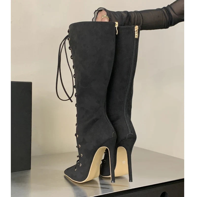 Eilyken Punk Design Lace-up Pointed Toe Woman Knee High Boots