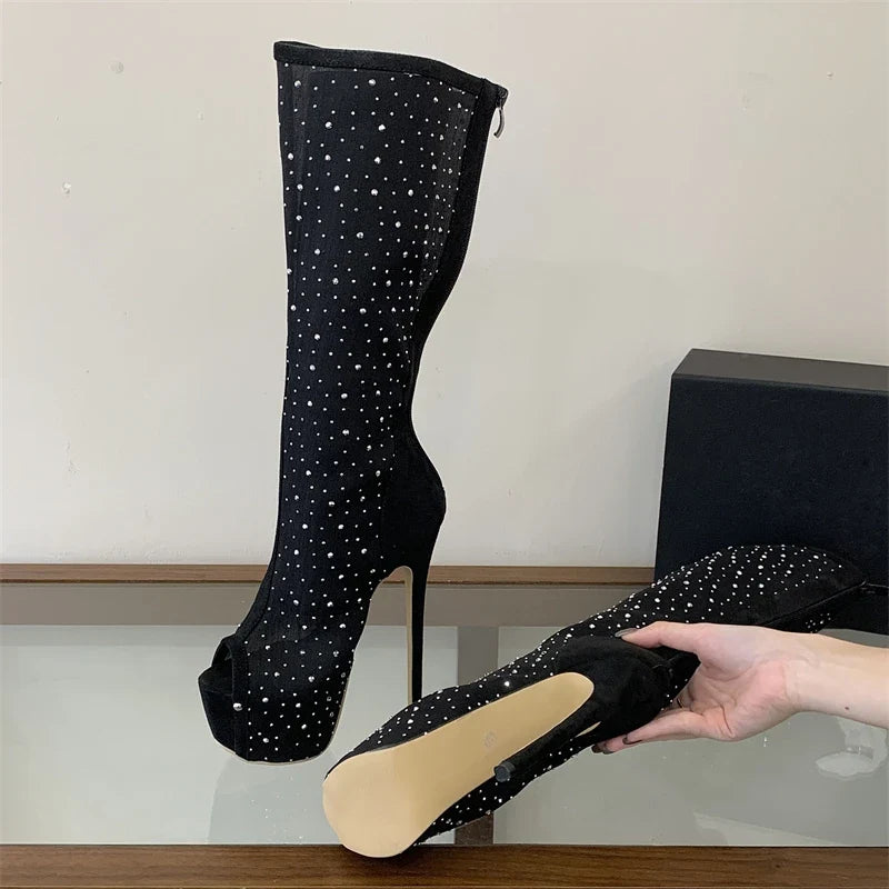 Eilyken Punk Style Crystal Peep Toe Knee-high Boots