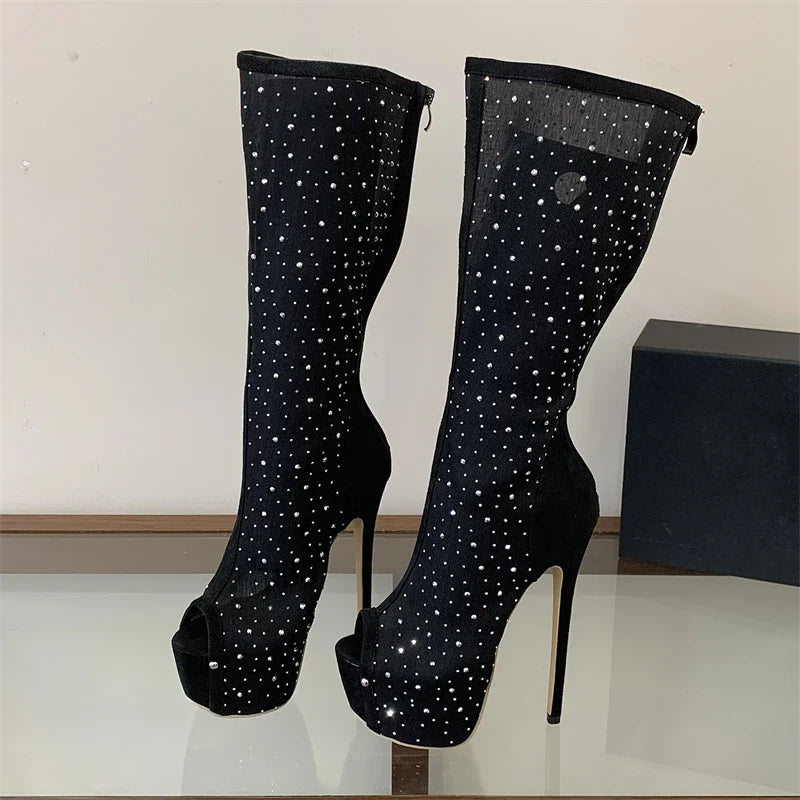 Eilyken Punk Style Crystal Peep Toe Knee-high Boots