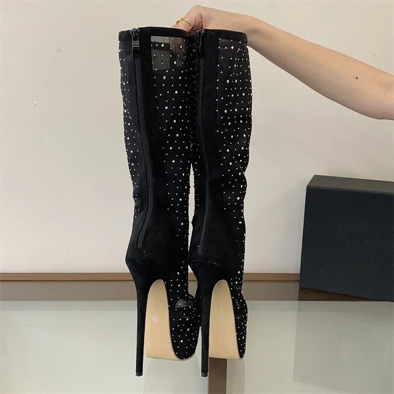Eilyken Punk Style Crystal Peep Toe Knee-high Boots