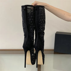 Eilyken Punk Style Crystal Peep Toe Knee-high Boots