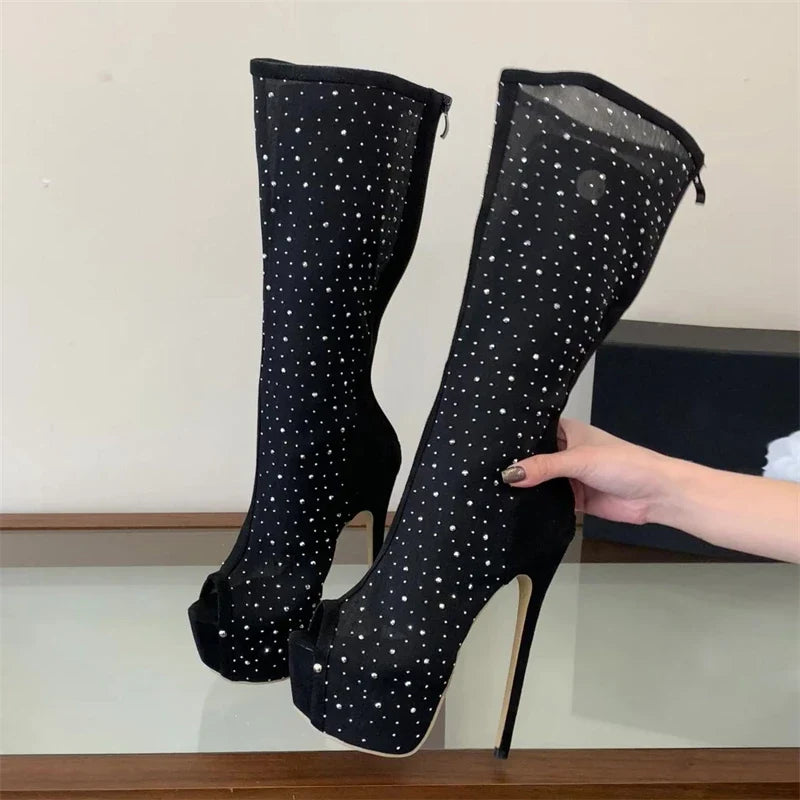 Eilyken Punk Style Crystal Peep Toe Knee-high Boots