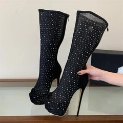 Eilyken Punk Style Crystal Peep Toe Knee-high Boots