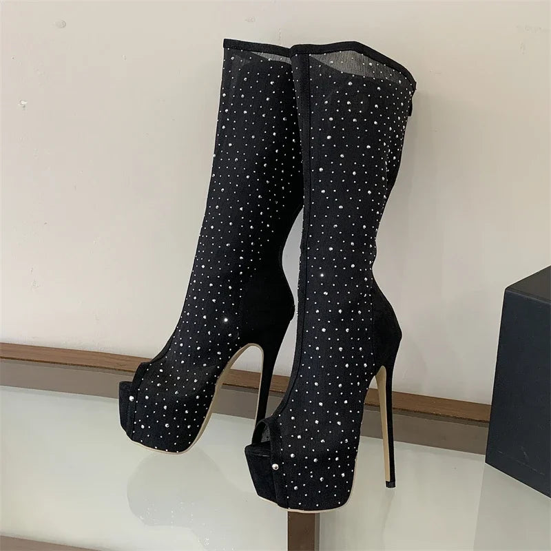 Eilyken Punk Style Crystal Peep Toe Knee-high Boots