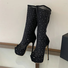 Eilyken Punk Style Crystal Peep Toe Knee-high Boots