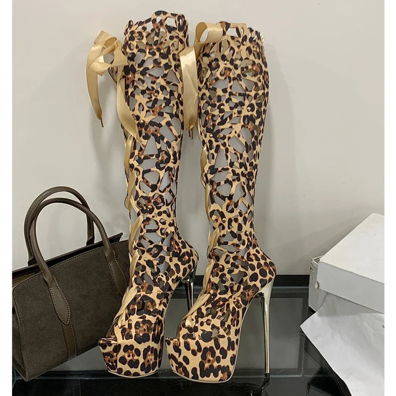 Eilyken Sexy Design Hollow Thin High Heels Women Knee-High Boots