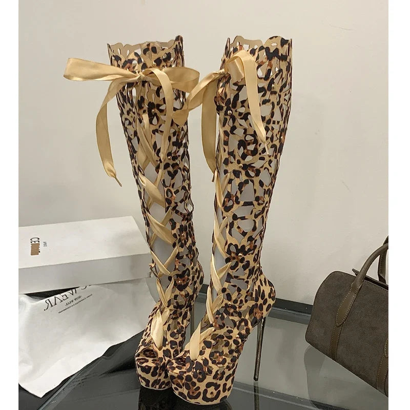 Eilyken Sexy Design Hollow Thin High Heels Women Knee-High Boots