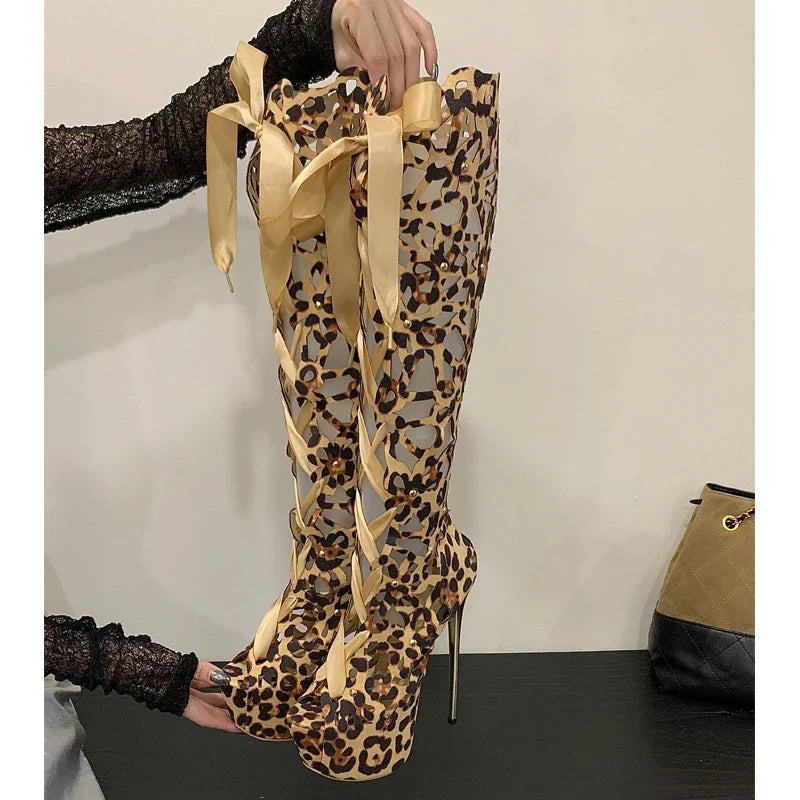 Eilyken Sexy Design Hollow Thin High Heels Women Knee-High Boots