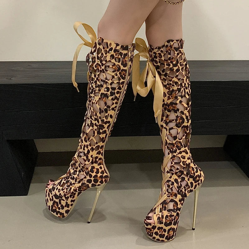 Eilyken Sexy Design Hollow Thin High Heels Women Knee-High Boots