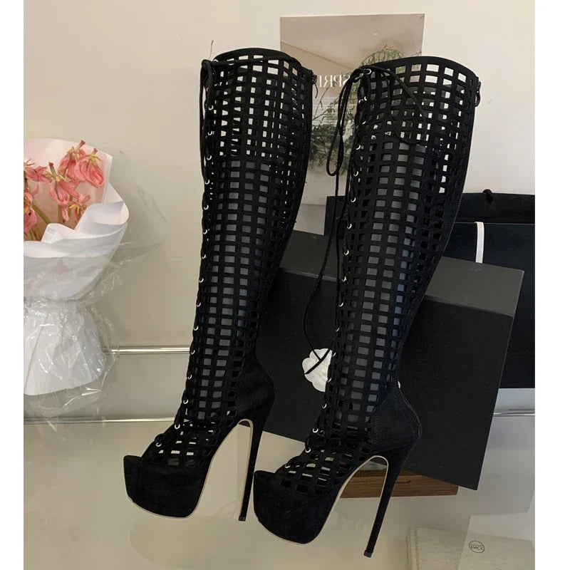 Eilyken Sexy Stiletto High Heels Peep Toe Hollow Out Knee-High Boots