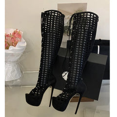 Eilyken Sexy Stiletto High Heels Peep Toe Hollow Out Knee-High Boots