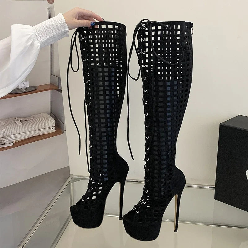 Eilyken Sexy Stiletto High Heels Peep Toe Hollow Out Knee-High Boots