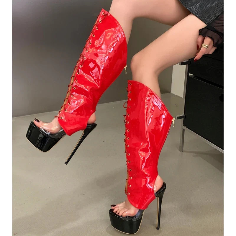 Eilyken Sexy Thin High Heels PVC Transparent Sandals Woman Lace-up Knee-High Boots
