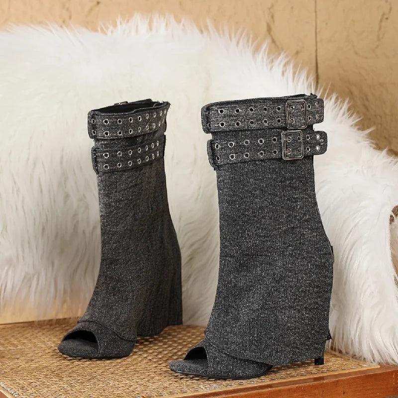 Eilyken Spring Summer Splicing Peep Toe Buckle Strap Women Ankle Boots