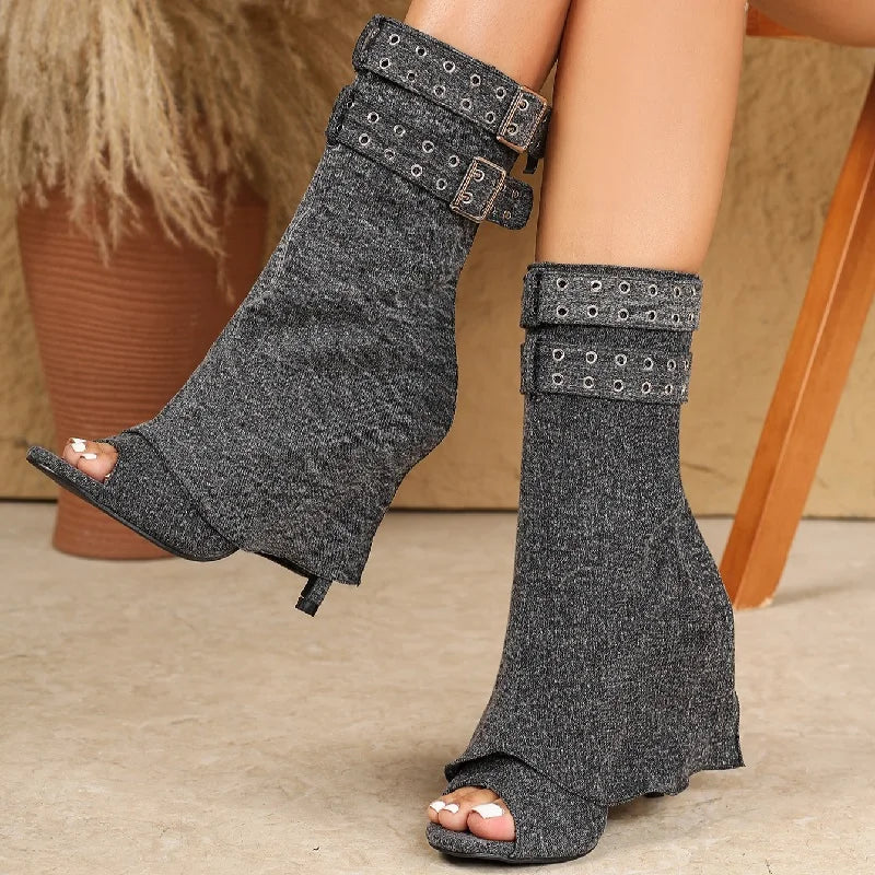 Eilyken Spring Summer Splicing Peep Toe Buckle Strap Women Ankle Boots