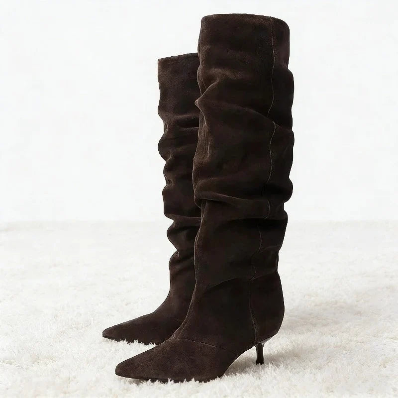 Elegant Brown Pleated Designer Suede Knee-High Boots
