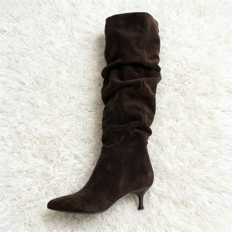 Elegant Brown Pleated Designer Suede Knee-High Boots