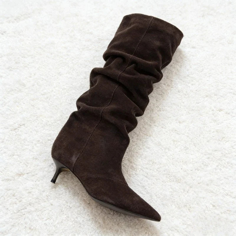 Elegant Brown Pleated Designer Suede Knee-High Boots