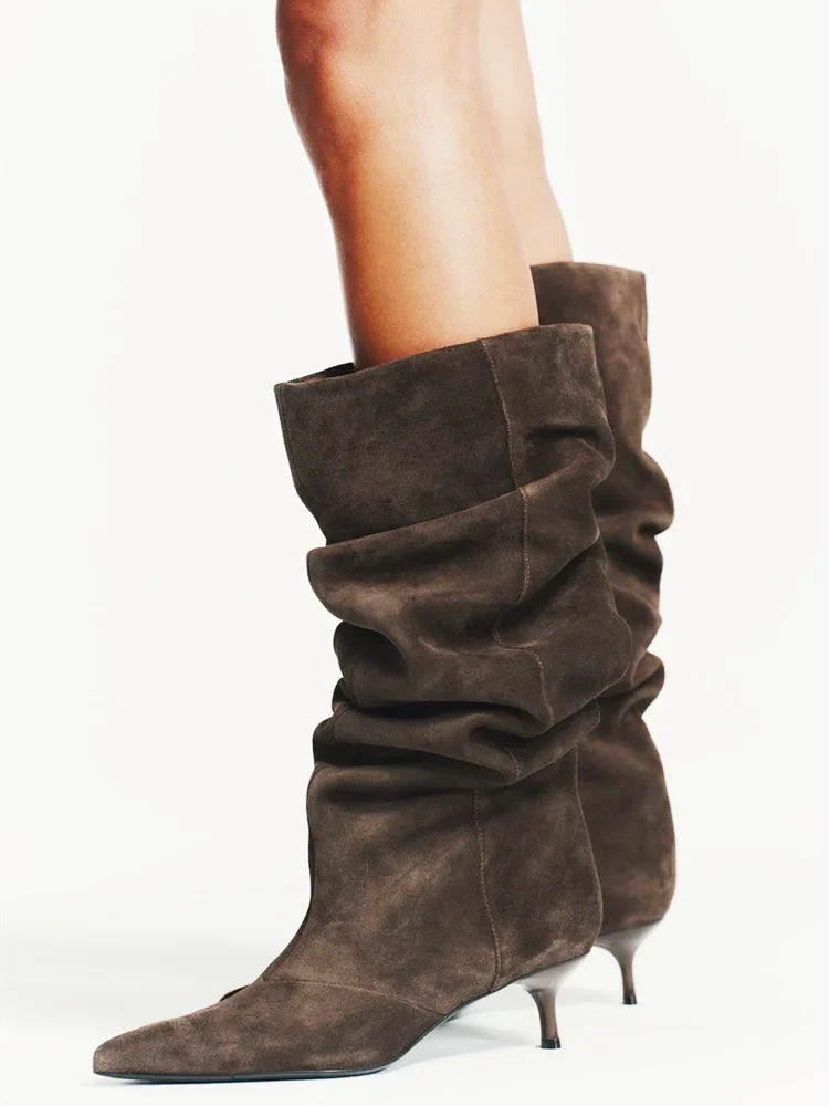 Elegant Brown Pleated Designer Suede Knee-High Boots