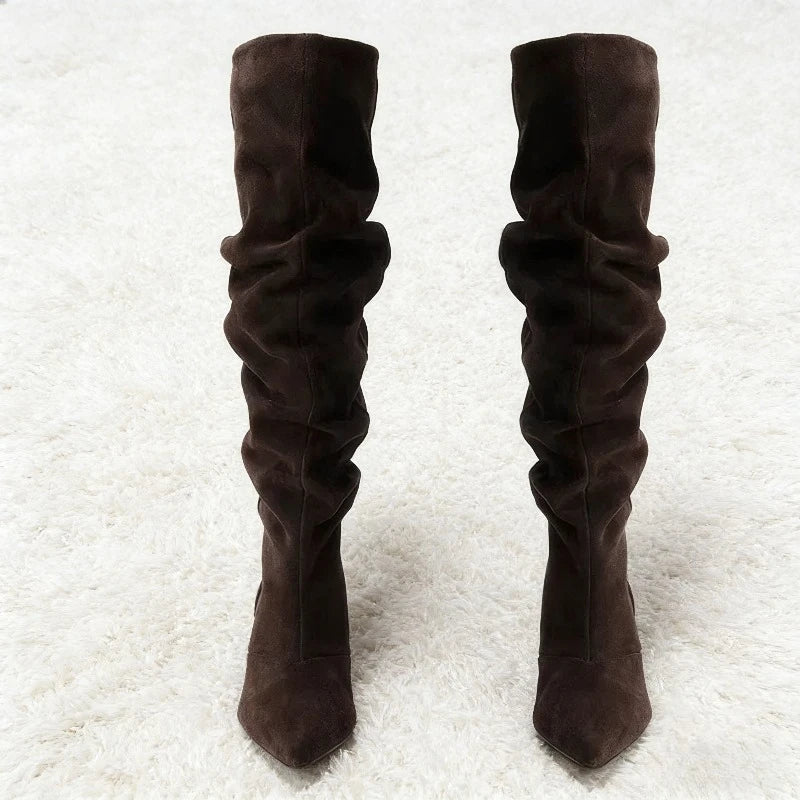 Elegant Brown Pleated Designer Suede Knee-High Boots