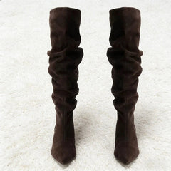 Elegant Brown Pleated Designer Suede Knee-High Boots