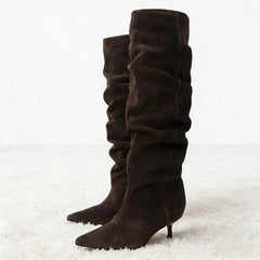 Elegant Brown Pleated Designer Suede Knee-High Boots