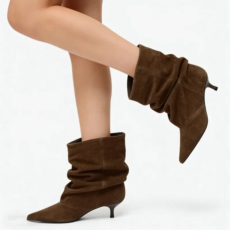 Elegant Pleated Design Cow Suede Ankle Boots