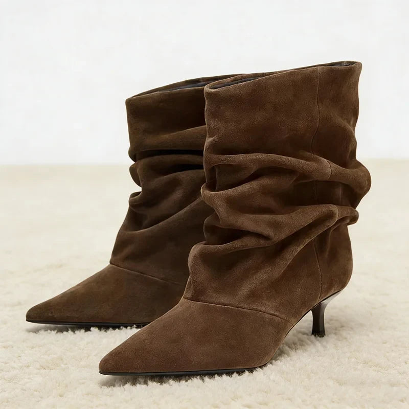 Elegant Pleated Design Cow Suede Ankle Boots