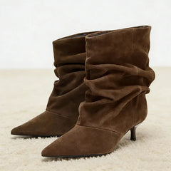 Elegant Pleated Design Cow Suede Ankle Boots