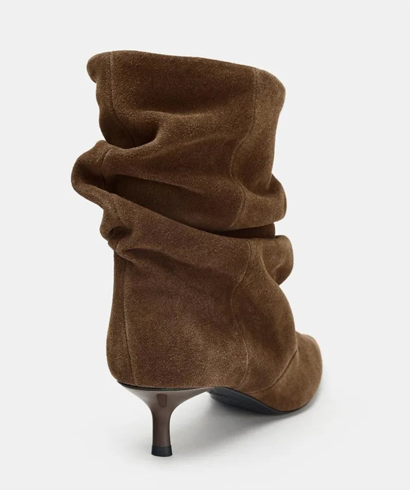 Elegant Pleated Design Cow Suede Ankle Boots