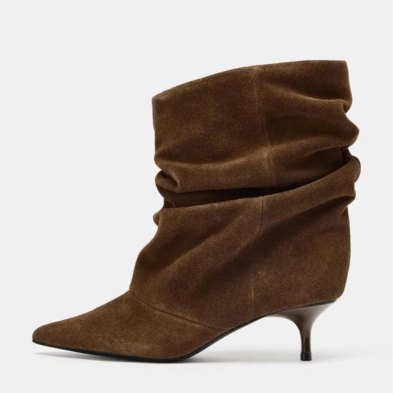 Elegant Pleated Design Cow Suede Ankle Boots