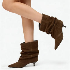 Elegant Pleated Design Cow Suede Ankle Boots
