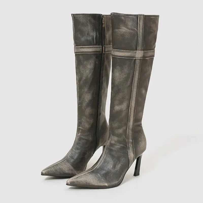 Elegant Pointed Toe Side Zipper Design Knee Boots