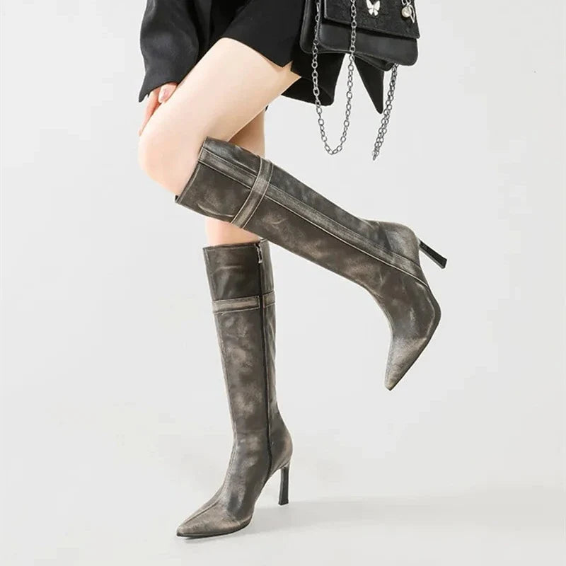 Elegant Pointed Toe Side Zipper Design Knee Boots