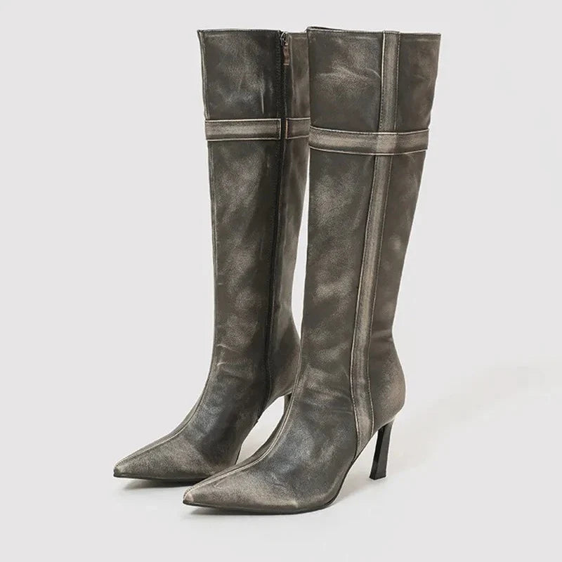 Elegant Pointed Toe Side Zipper Design Knee Boots