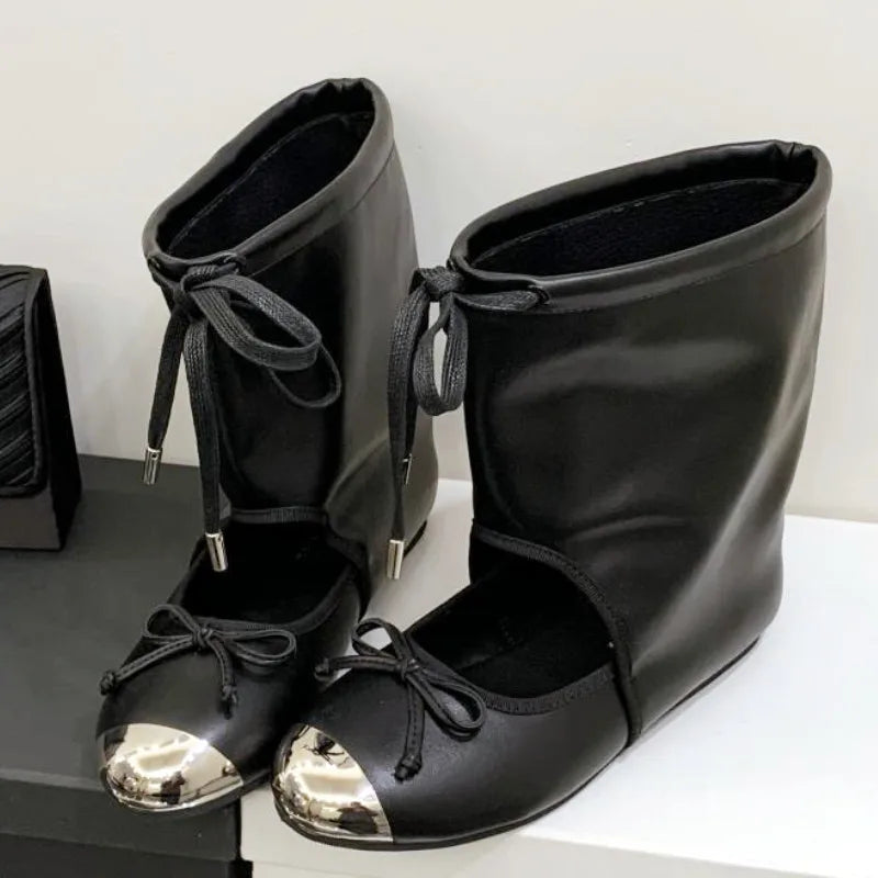 Elegant Round Toe Bow Knot Flat Sandal Boot Women High Quality Soft Leather Hollow Ankle Boot Designer Brand Modern Boot