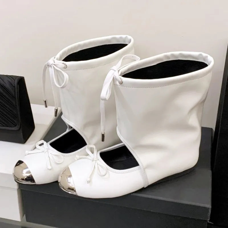 Elegant Round Toe Bow Knot Flat Sandal Boot Women High Quality Soft Leather Hollow Ankle Boot Designer Brand Modern Boot
