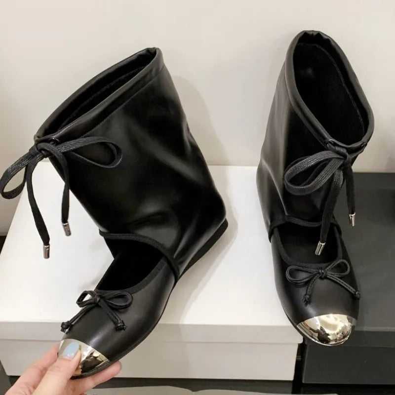 Elegant Round Toe Bow Knot Flat Sandal Boot Women High Quality Soft Leather Hollow Ankle Boot Designer Brand Modern Boot