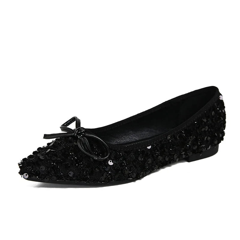 Elegant Sparkling Glitter Exquisite Women's Flats and Loafers Bow Comfort Woman's Shoes