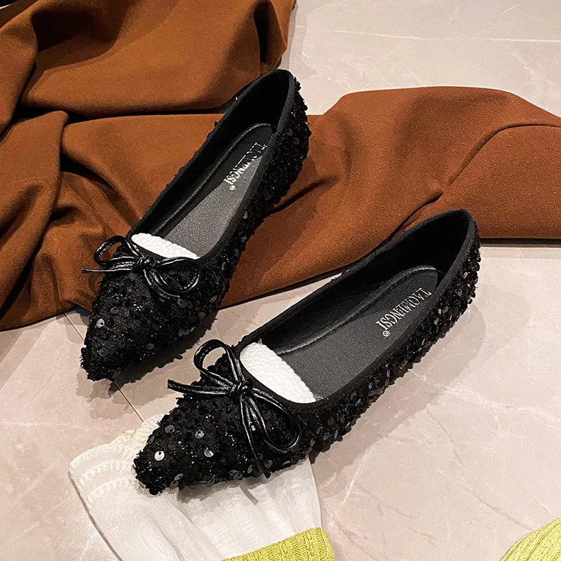 Elegant Sparkling Glitter Exquisite Women's Flats and Loafers Bow Comfort Woman's Shoes