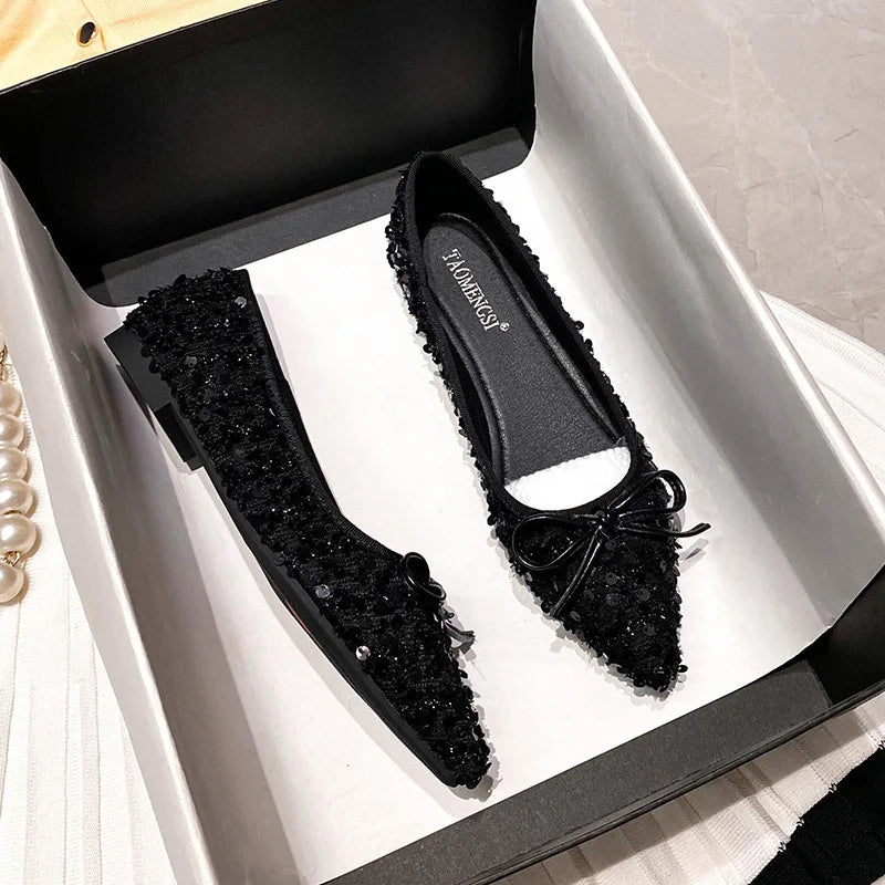 Elegant Sparkling Glitter Exquisite Women's Flats and Loafers Bow Comfort Woman's Shoes