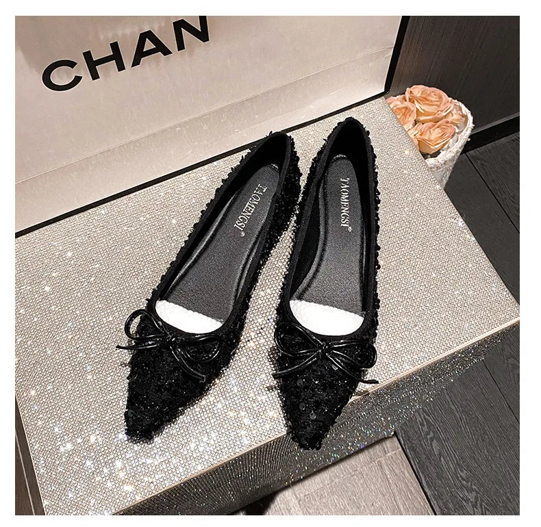 Elegant Sparkling Glitter Exquisite Women's Flats and Loafers Bow Comfort Woman's Shoes